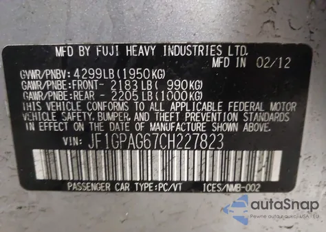 2012 Subaru Impreza 2.0I Limited из США, поврежденный, VIN JF1GPAG67CH227823